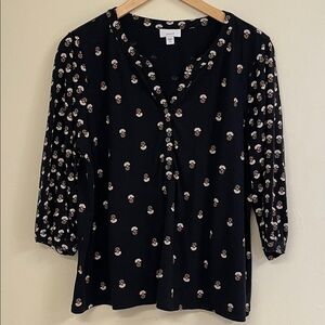 J. Jill Pure Jill Black Tan Floral Popover Shirt Top Cotton Tencel Knit V-Neck L